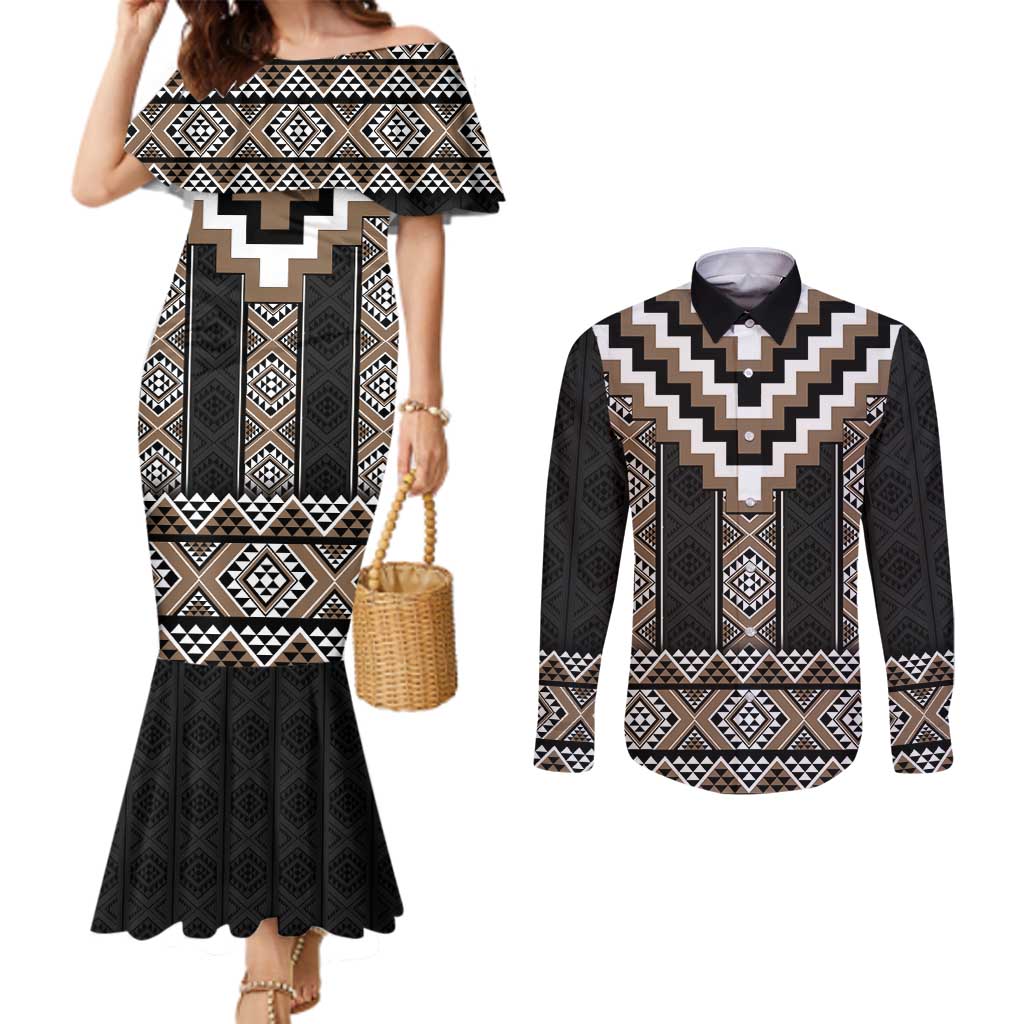 Brown Taniko Aotearoa Couples Matching Mermaid Dress and Long Sleeve Button Shirt Niho Taniwha Mix Poutama LT14