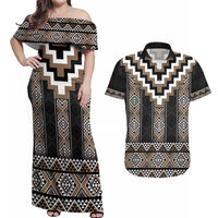 Brown Taniko Aotearoa Couples Matching Off Shoulder Maxi Dress and Hawaiian Shirt Niho Taniwha Mix Poutama LT14 Brown - Polynesian Pride