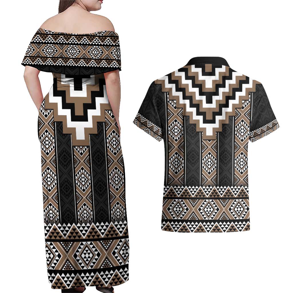 Brown Taniko Aotearoa Couples Matching Off Shoulder Maxi Dress and Hawaiian Shirt Niho Taniwha Mix Poutama LT14 - Polynesian Pride