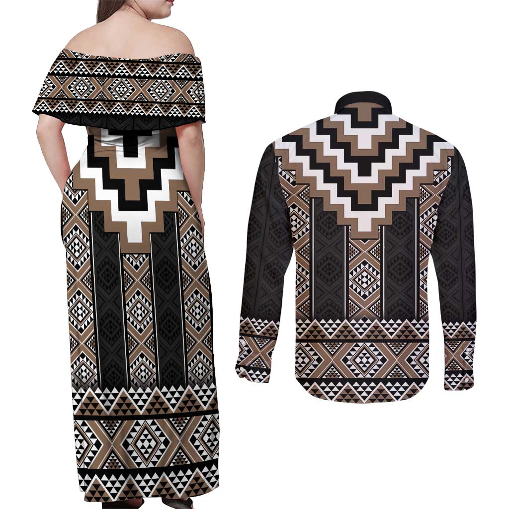 Brown Taniko Aotearoa Couples Matching Off Shoulder Maxi Dress and Long Sleeve Button Shirt Niho Taniwha Mix Poutama LT14