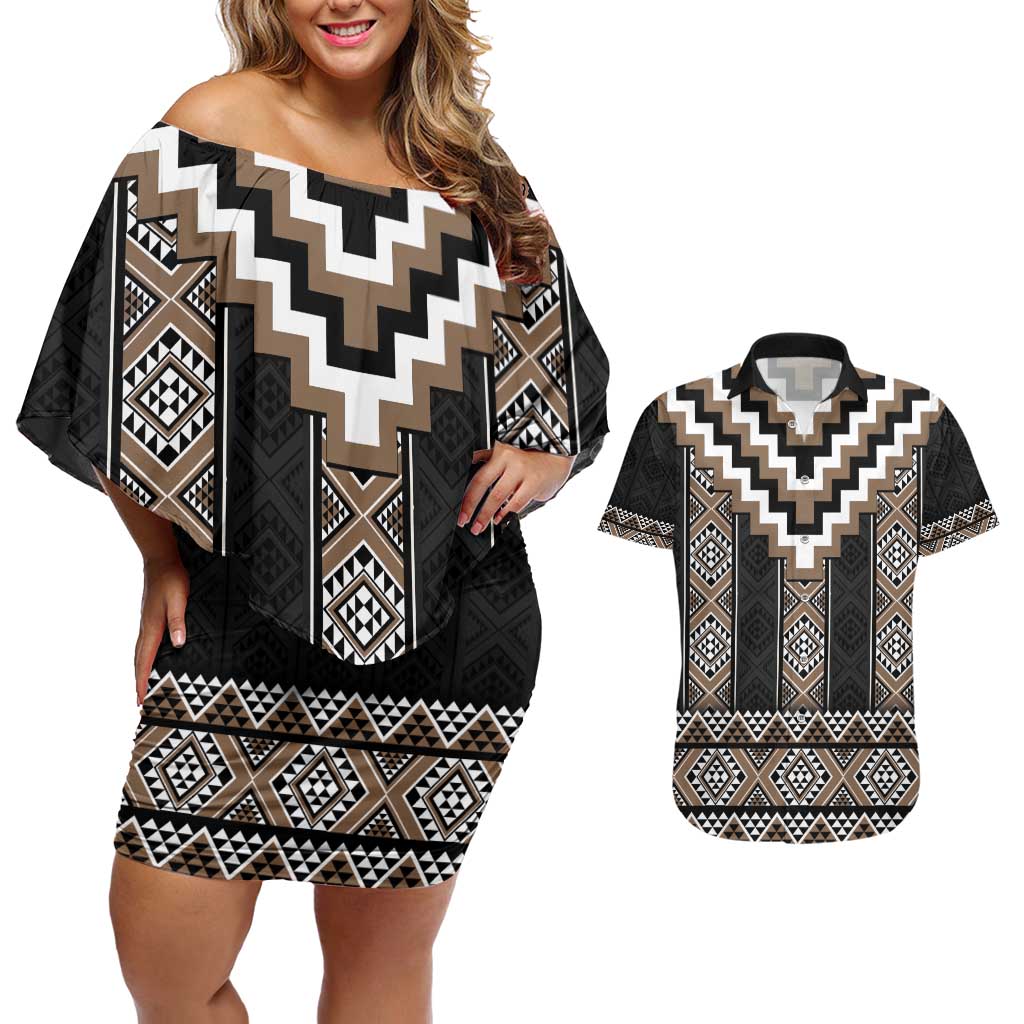 Brown Taniko Aotearoa Couples Matching Off Shoulder Short Dress and Hawaiian Shirt Niho Taniwha Mix Poutama LT14 Brown - Polynesian Pride
