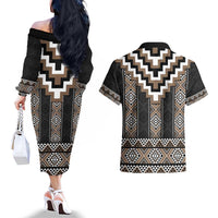 Brown Taniko Aotearoa Couples Matching Off The Shoulder Long Sleeve Dress and Hawaiian Shirt Niho Taniwha Mix Poutama LT14 - Polynesian Pride