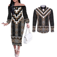 Brown Taniko Aotearoa Couples Matching Off The Shoulder Long Sleeve Dress and Long Sleeve Button Shirt Niho Taniwha Mix Poutama LT14 Brown - Polynesian Pride