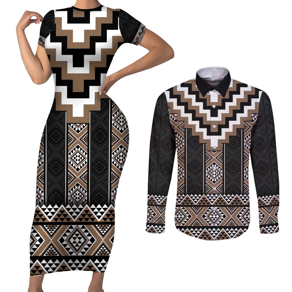 Brown Taniko Aotearoa Couples Matching Short Sleeve Bodycon Dress and Long Sleeve Button Shirt Niho Taniwha Mix Poutama LT14 Brown - Polynesian Pride