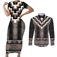 Brown Taniko Aotearoa Couples Matching Short Sleeve Bodycon Dress and Long Sleeve Button Shirt Niho Taniwha Mix Poutama LT14 Brown - Polynesian Pride