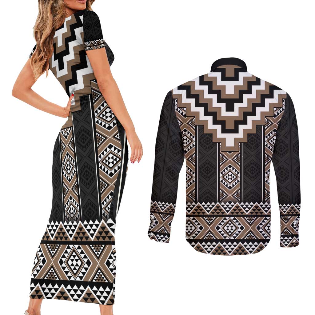 Brown Taniko Aotearoa Couples Matching Short Sleeve Bodycon Dress and Long Sleeve Button Shirt Niho Taniwha Mix Poutama LT14 - Polynesian Pride