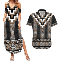 Brown Taniko Aotearoa Couples Matching Summer Maxi Dress and Hawaiian Shirt Niho Taniwha Mix Poutama LT14 Brown - Polynesian Pride