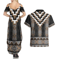 Brown Taniko Aotearoa Couples Matching Summer Maxi Dress and Hawaiian Shirt Niho Taniwha Mix Poutama LT14 - Polynesian Pride
