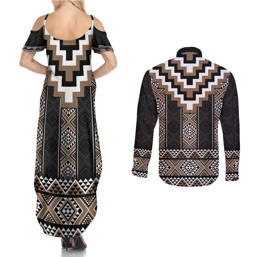 Brown Taniko Aotearoa Couples Matching Summer Maxi Dress and Long Sleeve Button Shirt Niho Taniwha Mix Poutama LT14