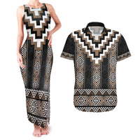 Brown Taniko Aotearoa Couples Matching Tank Maxi Dress and Hawaiian Shirt Niho Taniwha Mix Poutama LT14 Brown - Polynesian Pride