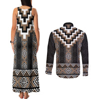 Brown Taniko Aotearoa Couples Matching Tank Maxi Dress and Long Sleeve Button Shirt Niho Taniwha Mix Poutama LT14