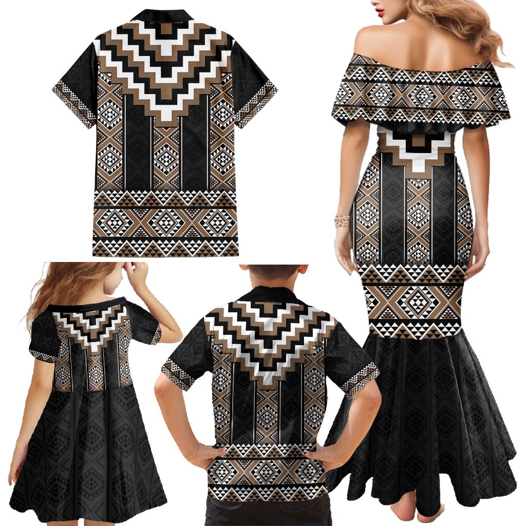 Brown Taniko Aotearoa Family Matching Mermaid Dress and Hawaiian Shirt Niho Taniwha Mix Poutama LT14 - Polynesian Pride