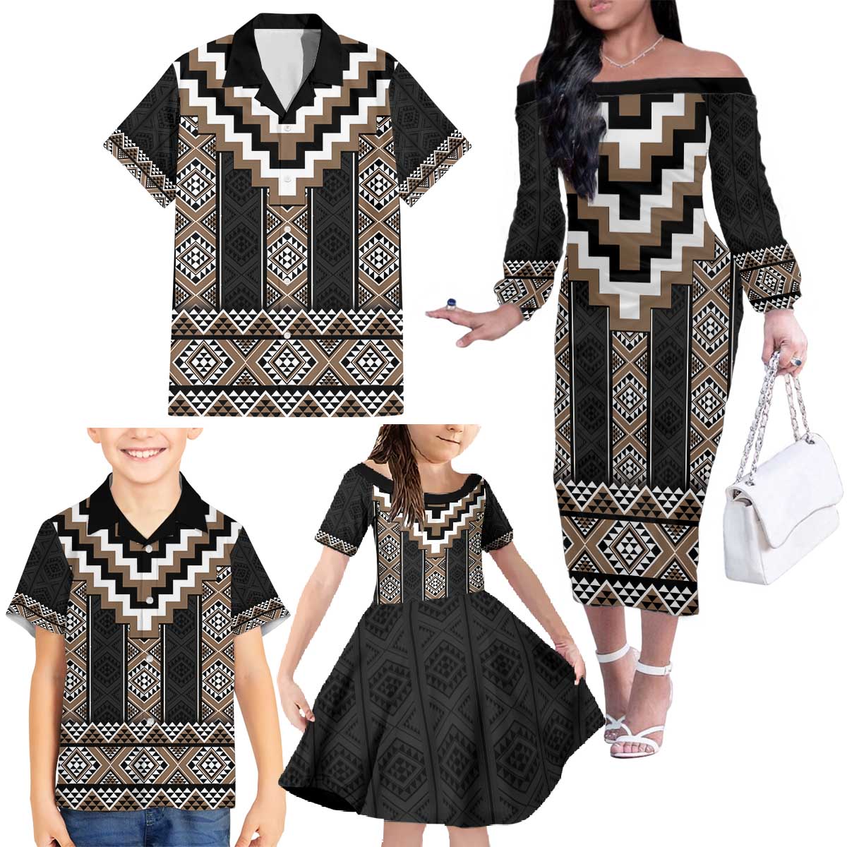 Brown Taniko Aotearoa Family Matching Off The Shoulder Long Sleeve Dress and Hawaiian Shirt Niho Taniwha Mix Poutama LT14 - Polynesian Pride