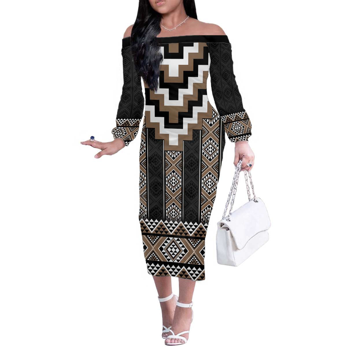 Brown Taniko Aotearoa Family Matching Off The Shoulder Long Sleeve Dress and Hawaiian Shirt Niho Taniwha Mix Poutama LT14 Mom's Dress Brown - Polynesian Pride