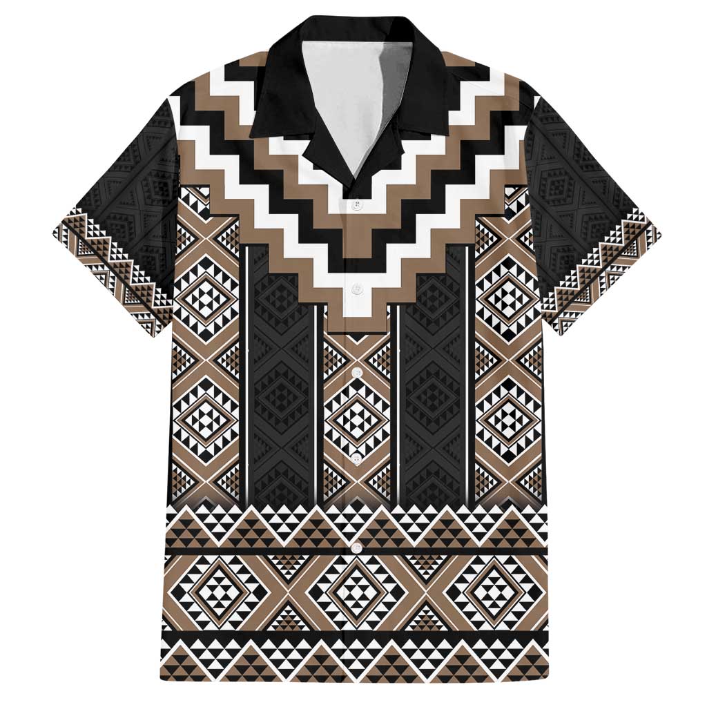 Brown Taniko Aotearoa Family Matching Off Shoulder Short Dress and Hawaiian Shirt Niho Taniwha Mix Poutama LT14 Dad's Shirt - Short Sleeve Brown - Polynesian Pride