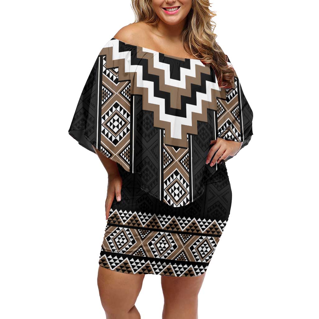 Brown Taniko Aotearoa Family Matching Off Shoulder Short Dress and Hawaiian Shirt Niho Taniwha Mix Poutama LT14 Mom's Dress Brown - Polynesian Pride