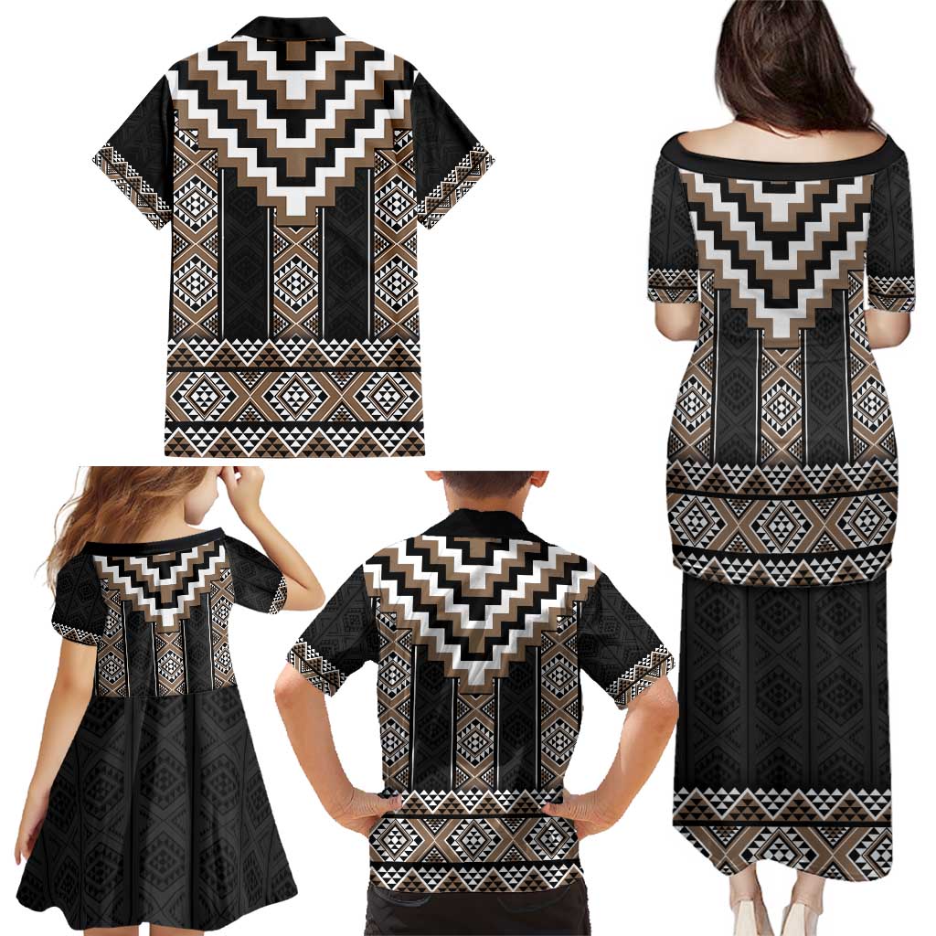 Brown Taniko Aotearoa Family Matching Puletasi and Hawaiian Shirt Niho Taniwha Mix Poutama LT14 - Polynesian Pride