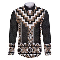 Brown Taniko Aotearoa Family Matching Puletasi and Hawaiian Shirt Niho Taniwha Mix Poutama LT14 Dad's Shirt - Long Sleeve Brown - Polynesian Pride