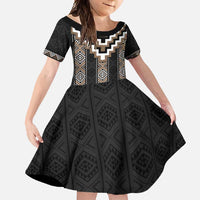 Brown Taniko Aotearoa Family Matching Short Sleeve Bodycon Dress and Hawaiian Shirt Niho Taniwha Mix Poutama LT14 Daughter's Dress Brown - Polynesian Pride