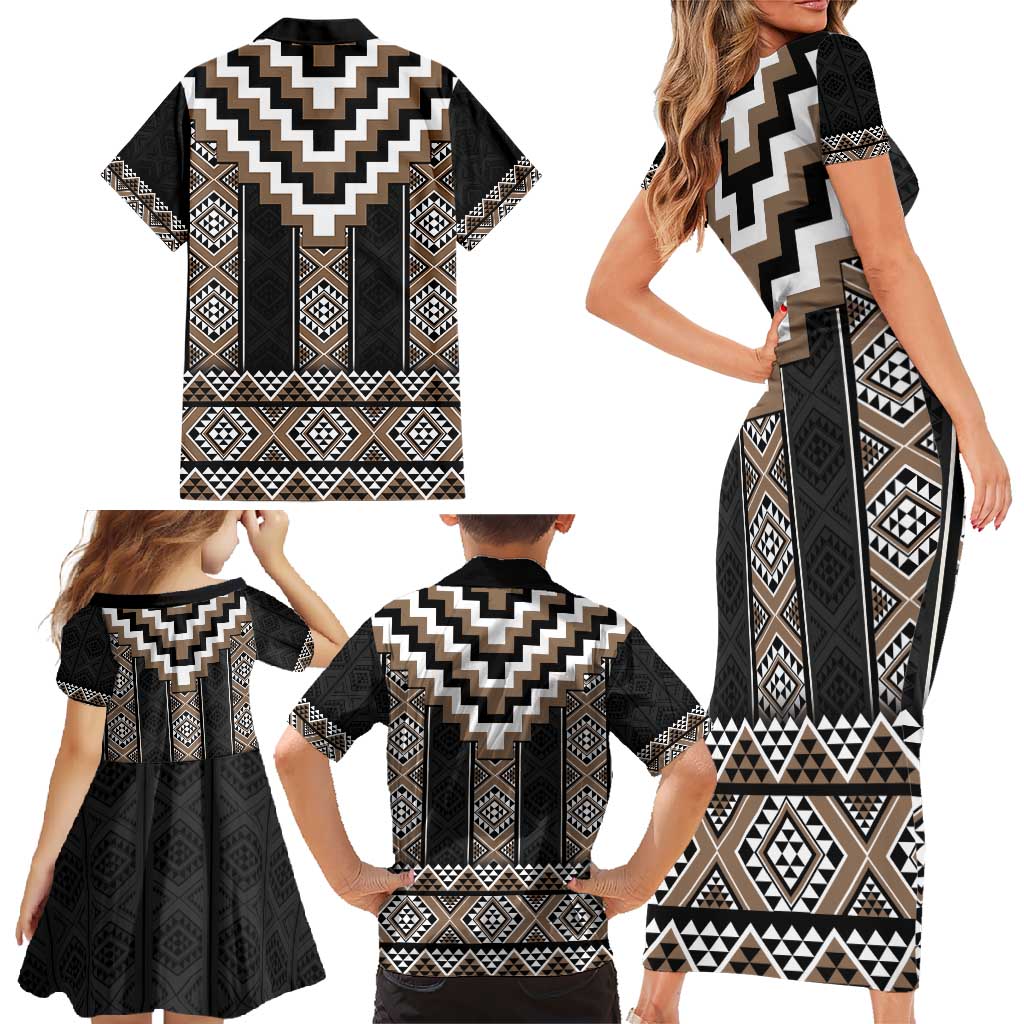 Brown Taniko Aotearoa Family Matching Short Sleeve Bodycon Dress and Hawaiian Shirt Niho Taniwha Mix Poutama LT14 - Polynesian Pride