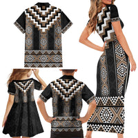 Brown Taniko Aotearoa Family Matching Short Sleeve Bodycon Dress and Hawaiian Shirt Niho Taniwha Mix Poutama LT14 - Polynesian Pride