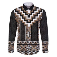 Brown Taniko Aotearoa Family Matching Summer Maxi Dress and Hawaiian Shirt Niho Taniwha Mix Poutama LT14 Dad's Shirt - Long Sleeve Brown - Polynesian Pride
