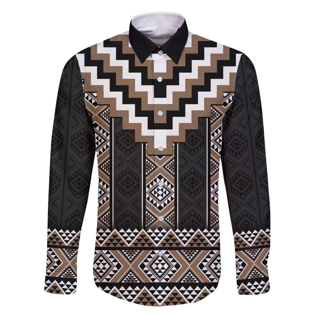 Brown Taniko Aotearoa Family Matching Tank Maxi Dress and Hawaiian Shirt Niho Taniwha Mix Poutama LT14 Dad's Shirt - Long Sleeve Brown - Polynesian Pride