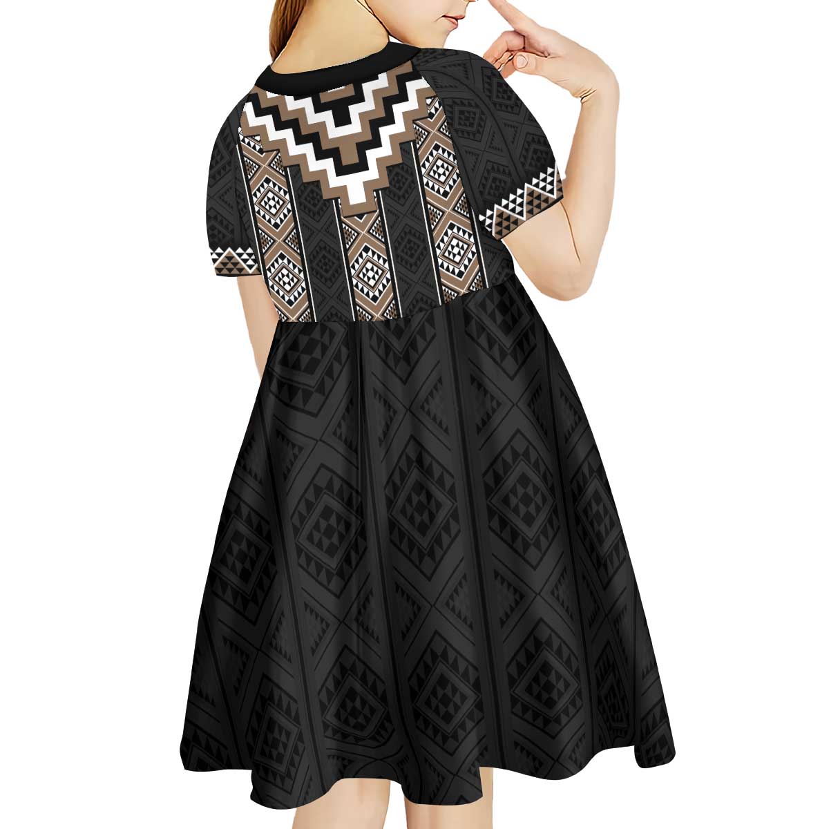 Brown Taniko Aotearoa Kid Short Sleeve Dress Niho Taniwha Mix Poutama LT14