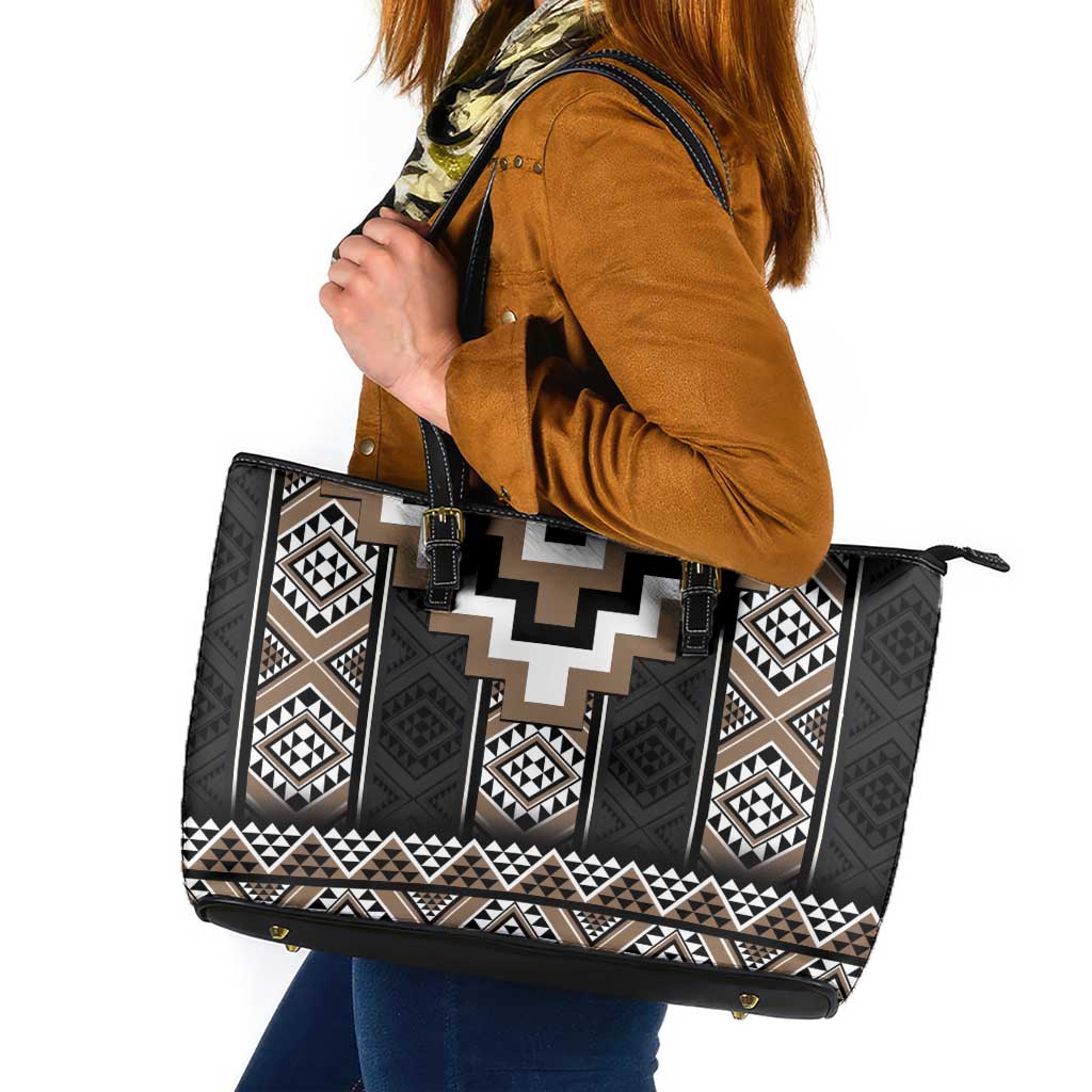 Brown Taniko Aotearoa Leather Tote Bag Niho Taniwha Mix Poutama LT14 Brown - Polynesian Pride