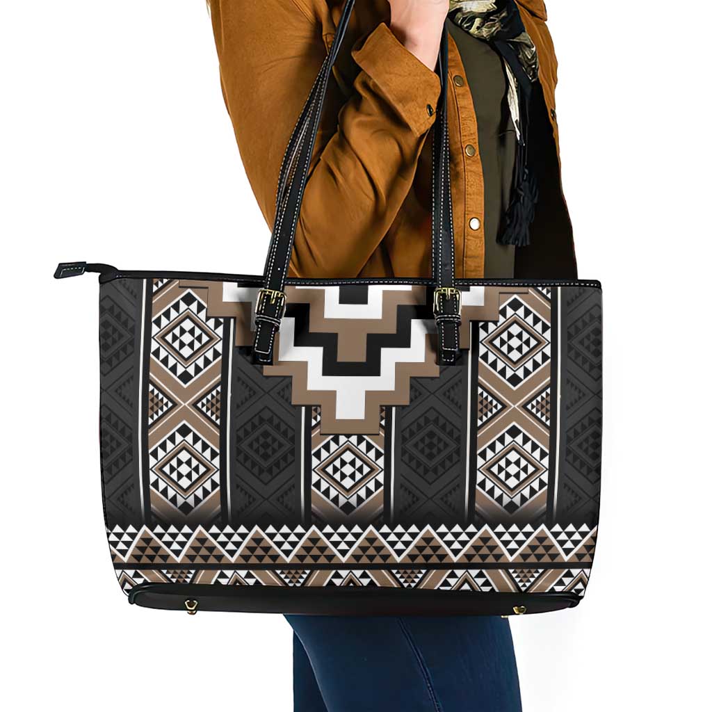 Brown Taniko Aotearoa Leather Tote Bag Niho Taniwha Mix Poutama LT14 - Polynesian Pride