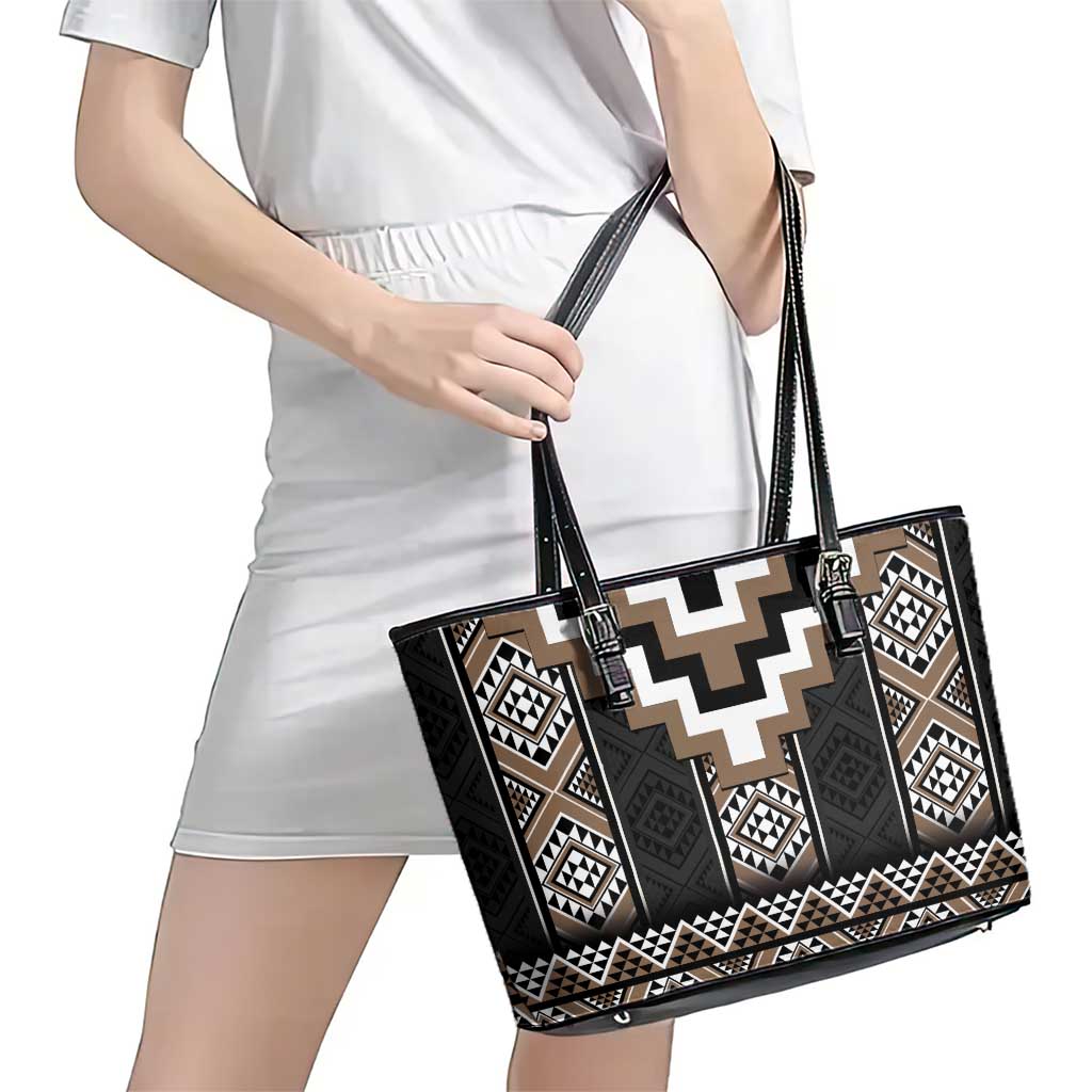 Brown Taniko Aotearoa Leather Tote Bag Niho Taniwha Mix Poutama LT14 - Polynesian Pride