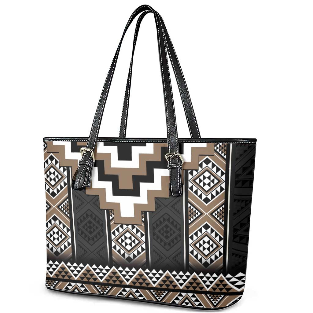 Brown Taniko Aotearoa Leather Tote Bag Niho Taniwha Mix Poutama LT14 - Polynesian Pride