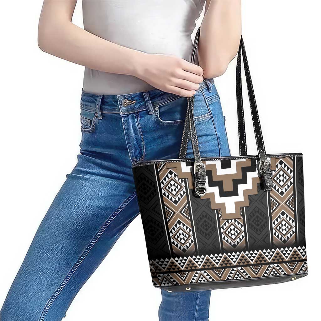 Brown Taniko Aotearoa Leather Tote Bag Niho Taniwha Mix Poutama LT14 - Polynesian Pride