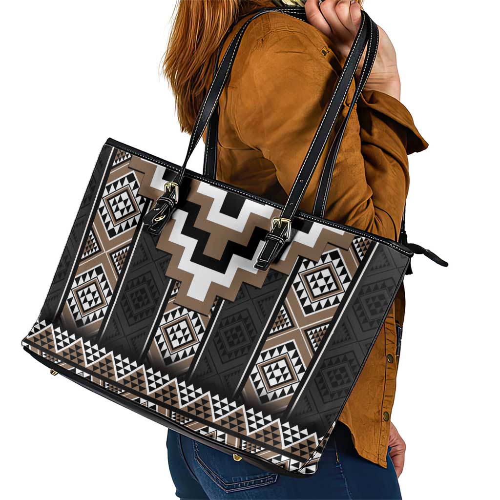 Brown Taniko Aotearoa Leather Tote Bag Niho Taniwha Mix Poutama LT14 - Polynesian Pride