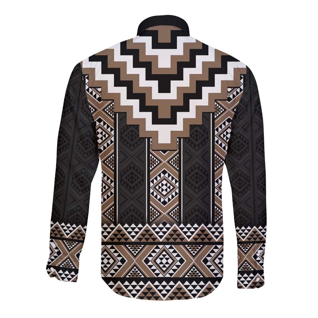 Brown Taniko Aotearoa Long Sleeve Button Shirt Niho Taniwha Mix Poutama LT14