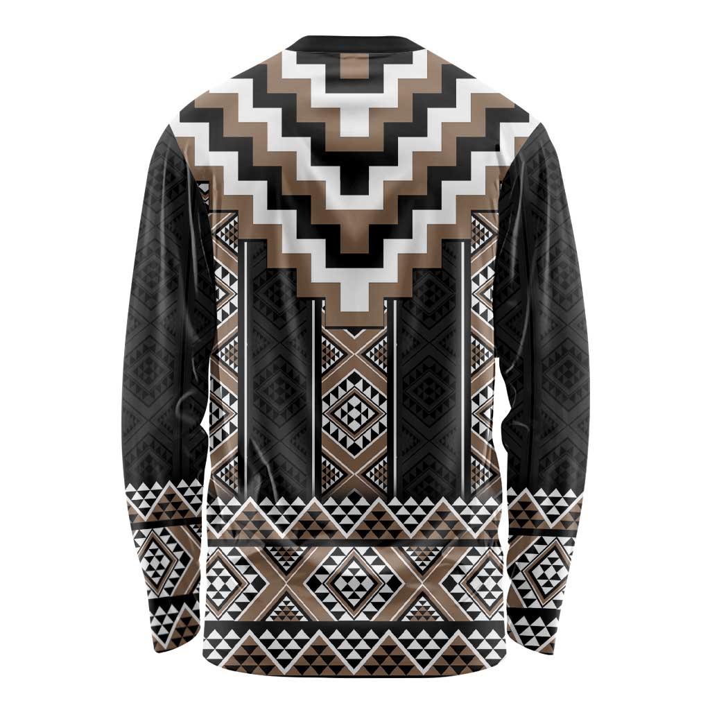 Brown Taniko Aotearoa Long Sleeve Shirt Niho Taniwha Mix Poutama LT14