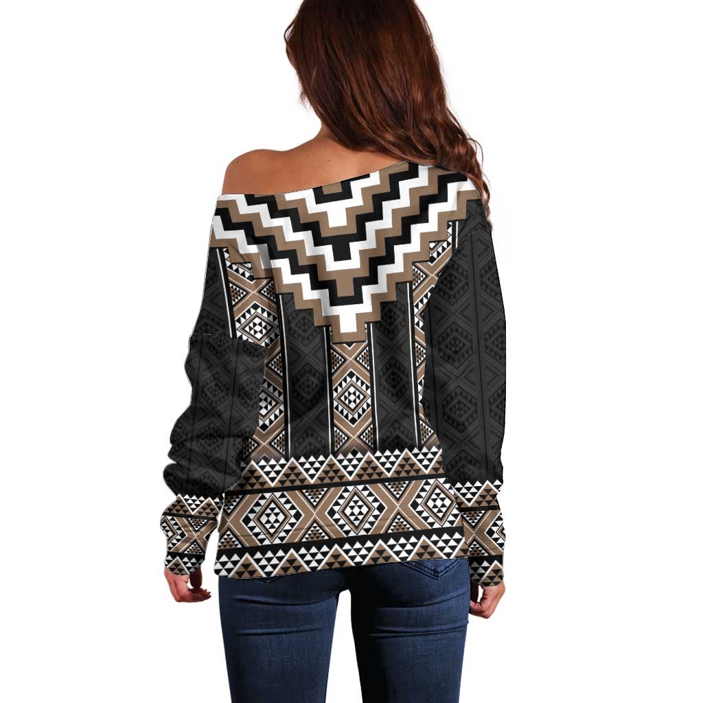Brown Taniko Aotearoa Off Shoulder Sweater Niho Taniwha Mix Poutama LT14 - Polynesian Pride