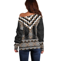 Brown Taniko Aotearoa Off Shoulder Sweater Niho Taniwha Mix Poutama LT14 - Polynesian Pride