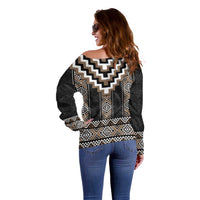 Brown Taniko Aotearoa Off Shoulder Sweater Niho Taniwha Mix Poutama LT14 - Polynesian Pride