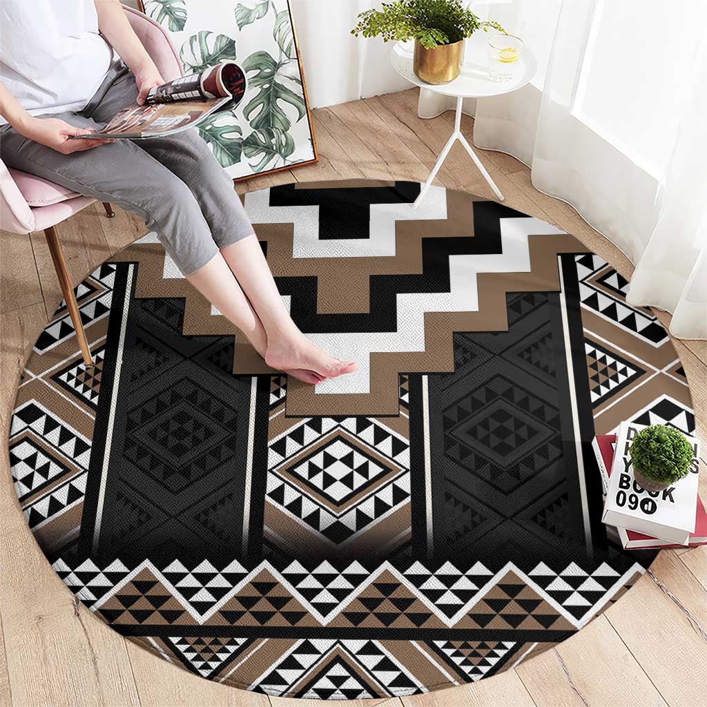 Brown Taniko Aotearoa Round Carpet Niho Taniwha Mix Poutama LT14
