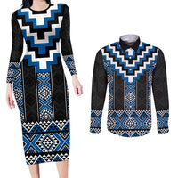Blue Taniko Aotearoa Couples Matching Long Sleeve Bodycon Dress and Long Sleeve Button Shirt Niho Taniwha Mix Poutama LT14 Blue - Polynesian Pride