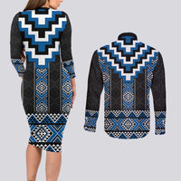 Blue Taniko Aotearoa Couples Matching Long Sleeve Bodycon Dress and Long Sleeve Button Shirt Niho Taniwha Mix Poutama LT14 - Polynesian Pride