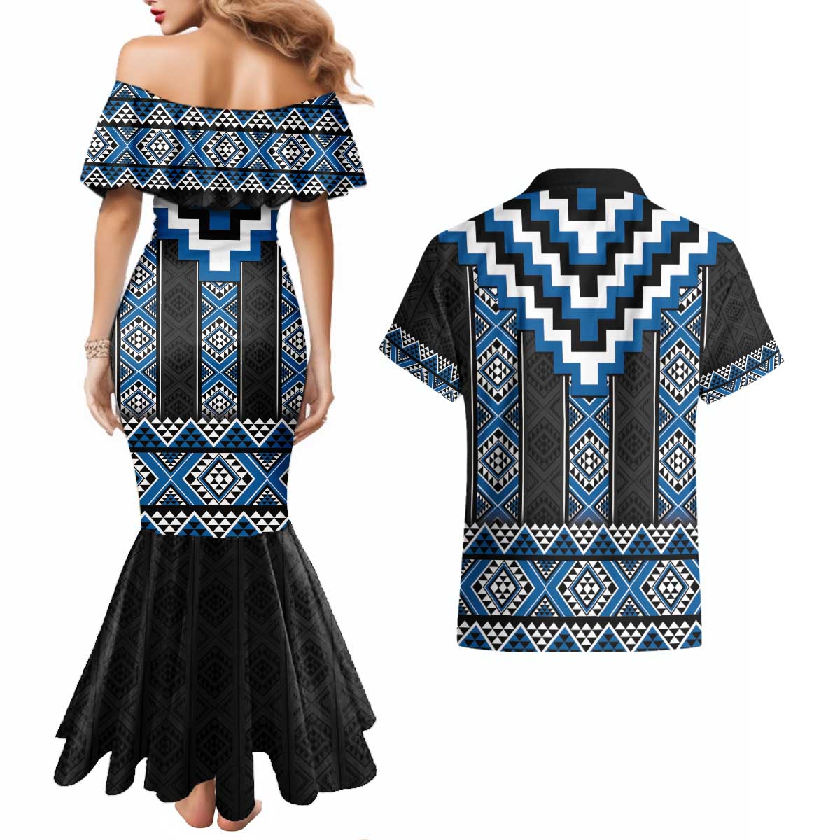 Blue Taniko Aotearoa Couples Matching Mermaid Dress and Hawaiian Shirt Niho Taniwha Mix Poutama LT14 - Polynesian Pride