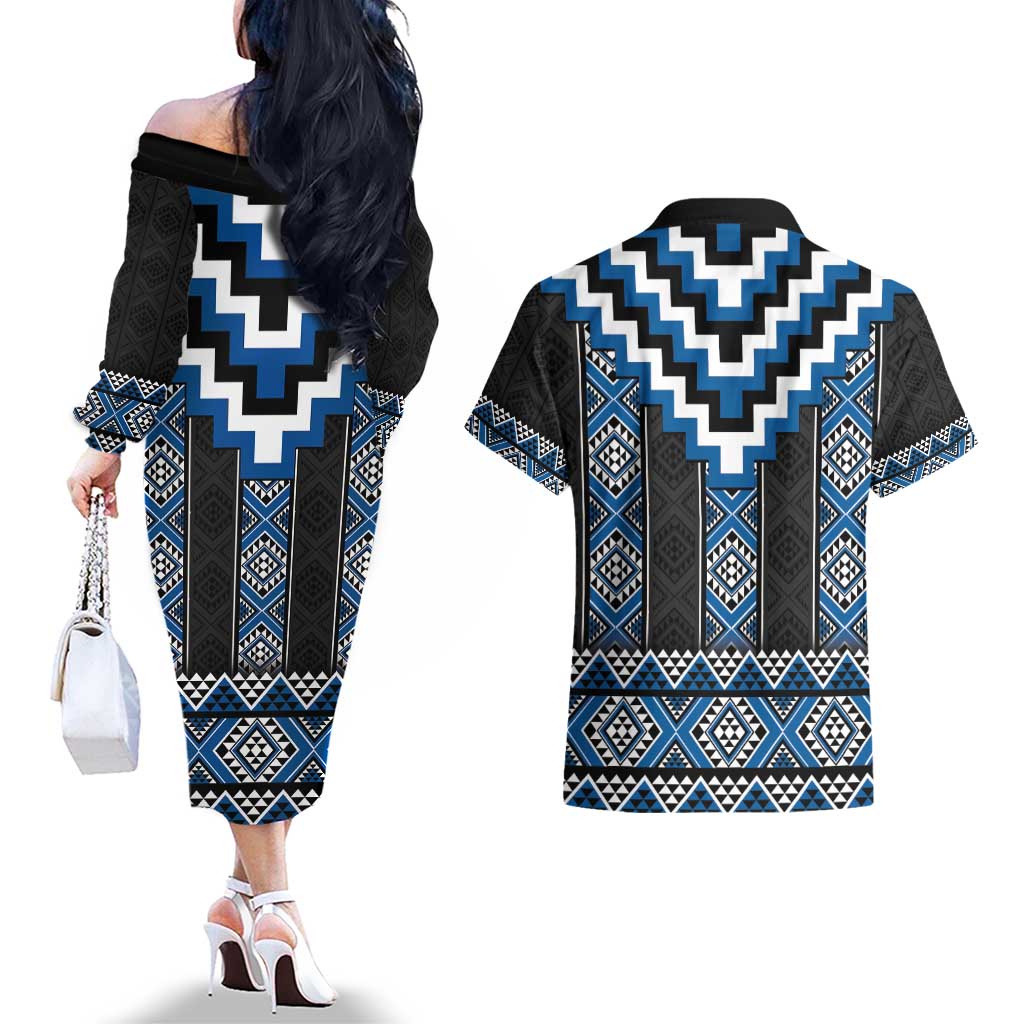 Blue Taniko Aotearoa Couples Matching Off The Shoulder Long Sleeve Dress and Hawaiian Shirt Niho Taniwha Mix Poutama LT14 - Polynesian Pride