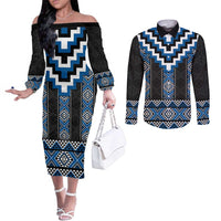 Blue Taniko Aotearoa Couples Matching Off The Shoulder Long Sleeve Dress and Long Sleeve Button Shirt Niho Taniwha Mix Poutama LT14 Blue - Polynesian Pride