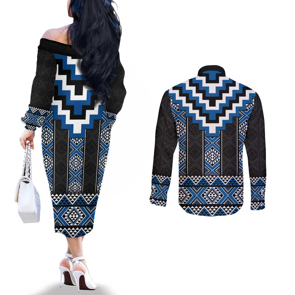 Blue Taniko Aotearoa Couples Matching Off The Shoulder Long Sleeve Dress and Long Sleeve Button Shirt Niho Taniwha Mix Poutama LT14 - Polynesian Pride
