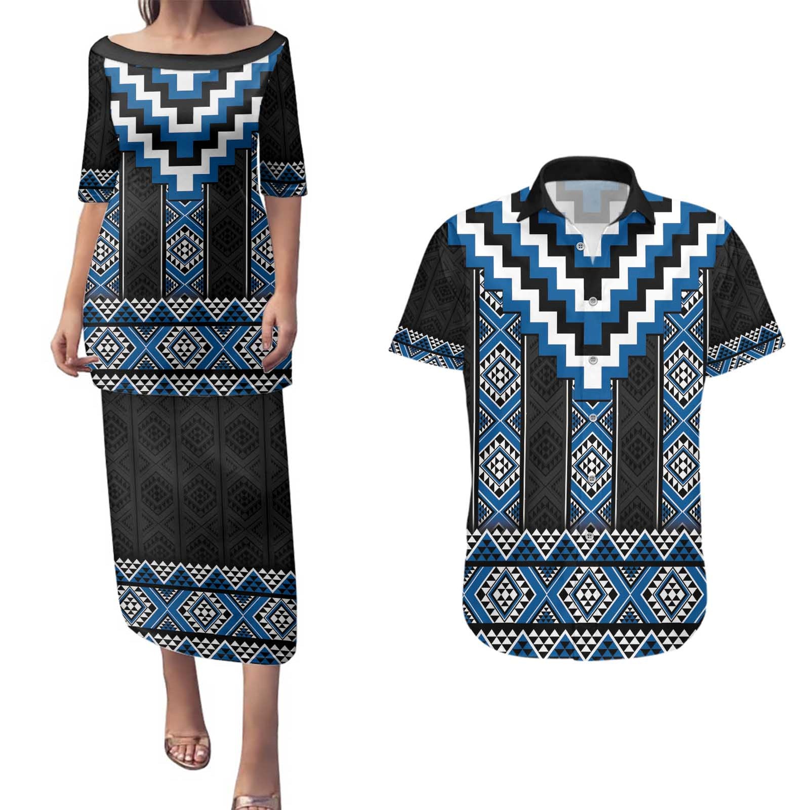 Blue Taniko Aotearoa Couples Matching Puletasi and Hawaiian Shirt Niho Taniwha Mix Poutama LT14