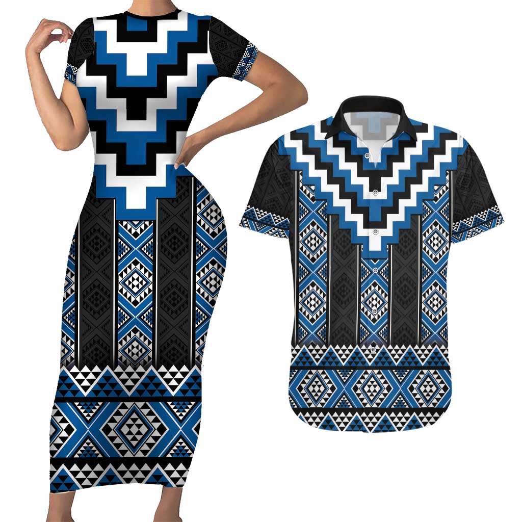 Blue Taniko Aotearoa Couples Matching Short Sleeve Bodycon Dress and Hawaiian Shirt Niho Taniwha Mix Poutama LT14 Blue - Polynesian Pride