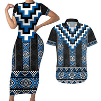 Blue Taniko Aotearoa Couples Matching Short Sleeve Bodycon Dress and Hawaiian Shirt Niho Taniwha Mix Poutama LT14 Blue - Polynesian Pride