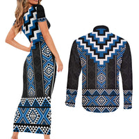 Blue Taniko Aotearoa Couples Matching Short Sleeve Bodycon Dress and Long Sleeve Button Shirt Niho Taniwha Mix Poutama LT14 - Polynesian Pride